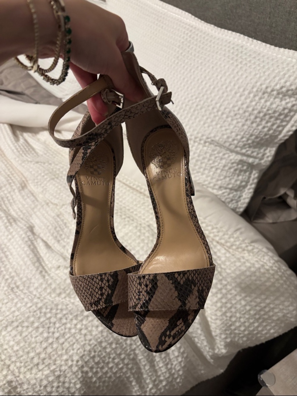 Vince Camuto Snake-Print Ankle-Strap Sandals in Taupe and Black